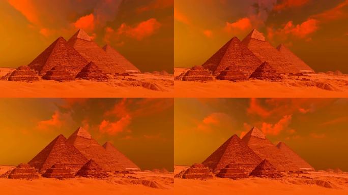 吉萨金字塔与红色的天空日落