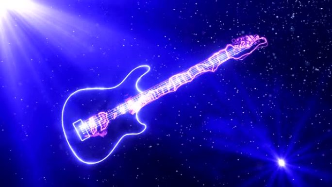 发光的电吉他在空间中缓慢漂浮的粒子，被光反射包围