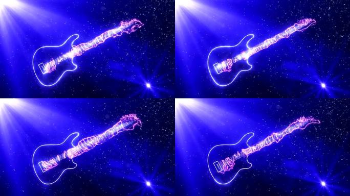 发光的电吉他在空间中缓慢漂浮的粒子，被光反射包围