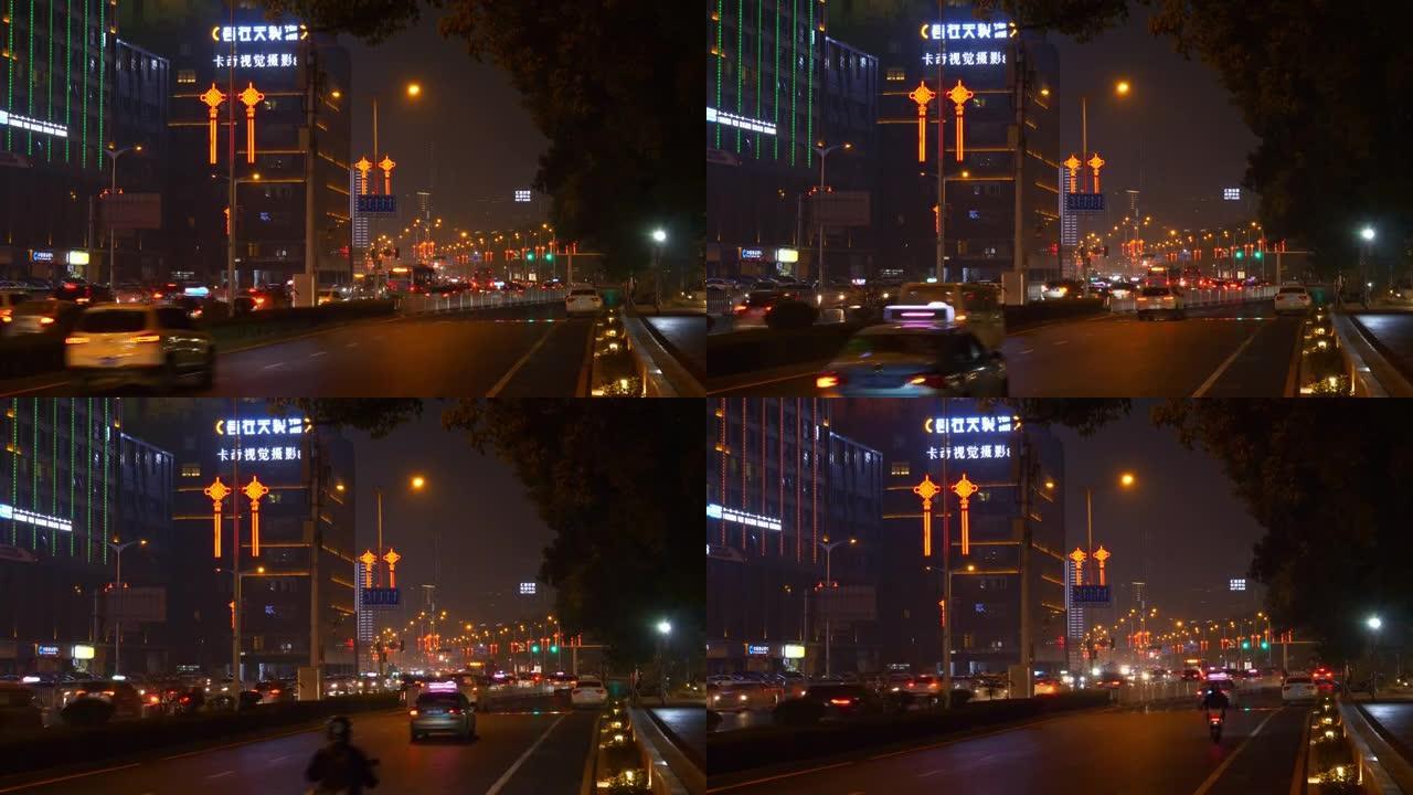 夜间照明长沙市交通街道全景4k中国