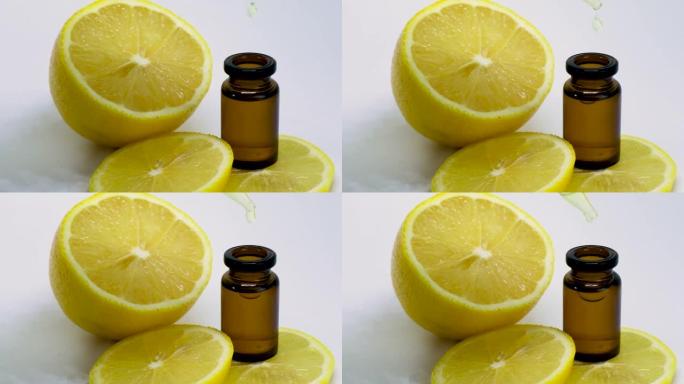 小瓶柠檬精油。选择性聚焦。