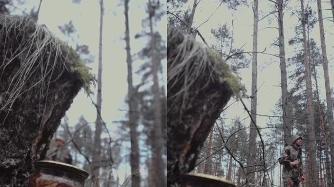 垂直射击。奇怪的记者发现罐装蘑菇。穿着迷彩服的猎人森林护林员讲述了一些事情。戴着巴拿马帽子的胡须和胡
