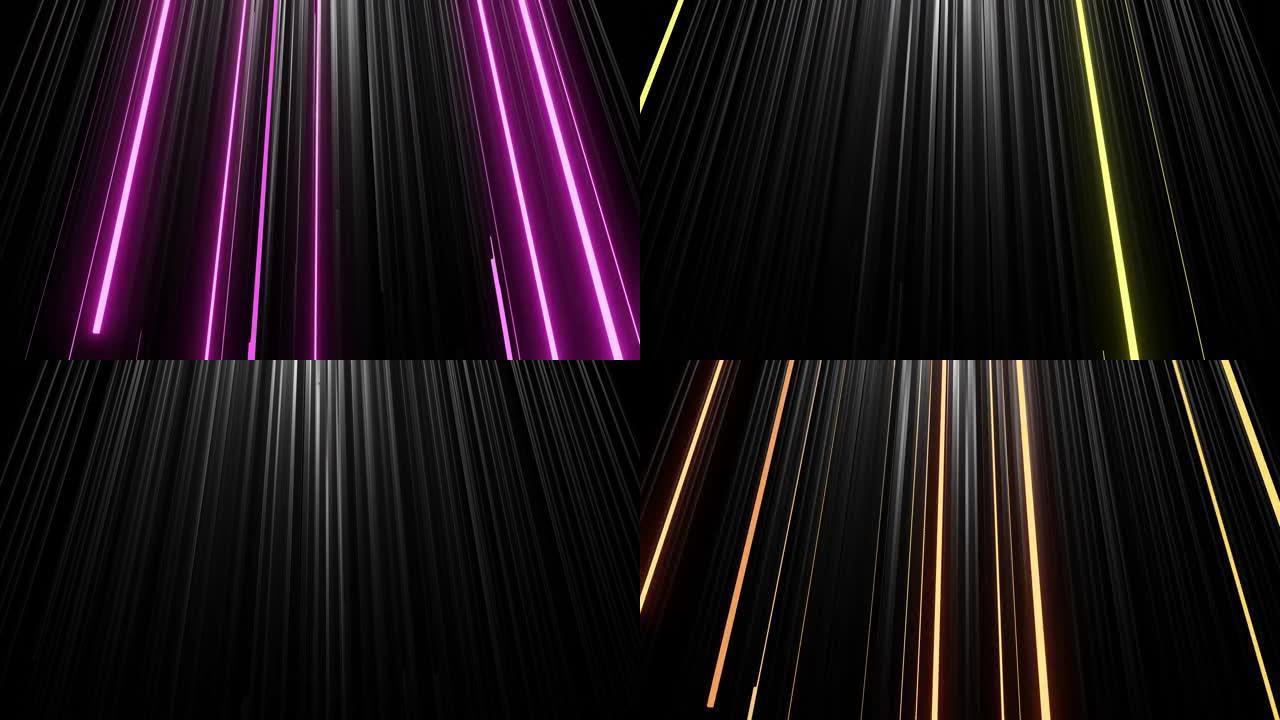 3d抽象简单的几何背景与多色矩形像细长的灯泡闪烁霓虹灯在4k飞向空中。流畅的循环动画。创意简单的运动
