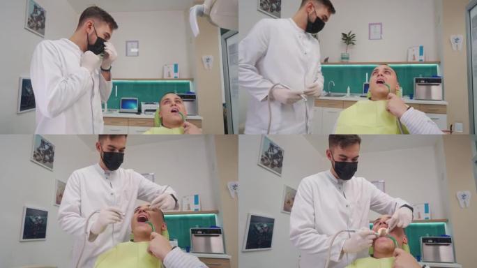 当男牙医修复蛀牙时，年轻人无法掩饰自己的恐惧