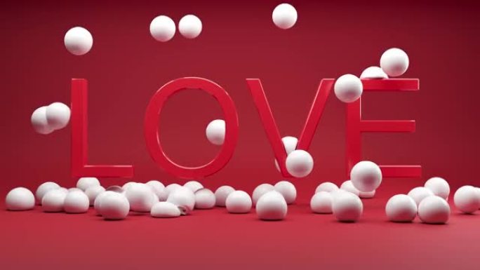白色气球落在红色背景的 “爱” 上。3D动画。情人节爱情概念创意