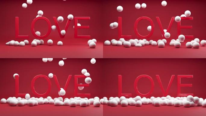 白色气球落在红色背景的 “爱” 上。3D动画。情人节爱情概念创意