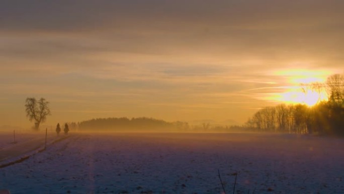冬季景观中发光的日落