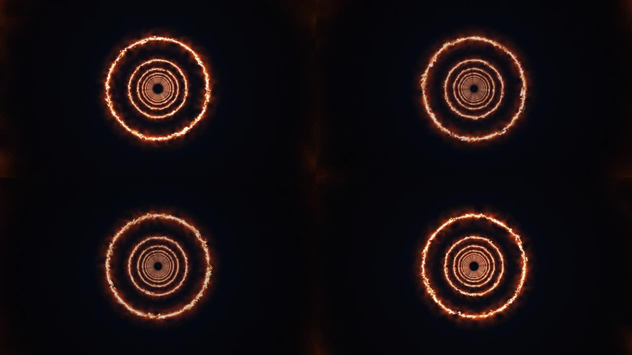 旋转的火环形成了一个无尽的长计算机。明亮背景的3d渲染
