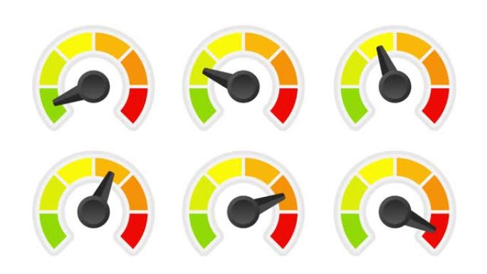 评定客户满意度计。从红色到绿色的不同情感艺术设计。转速表，速度计，指标，分数的抽象概念图形元素。运动