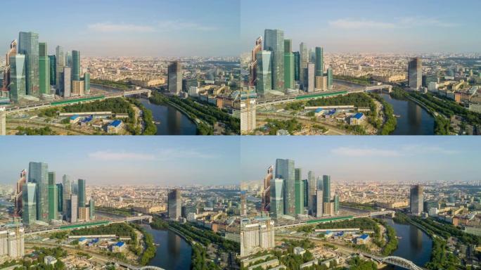 阳光明媚的夏日莫斯科市河边商业街区空中全景4k延时俄罗斯