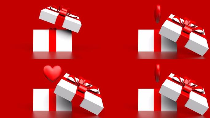 情人节概念与心脏从红色背景的礼品盒中取出