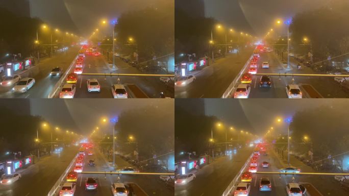 北京城市马路夜景沙尘天气