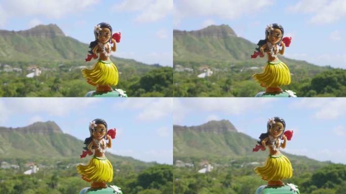 草裙舞女孩娃娃在夏威夷背景下跳舞4k慢动作60fps