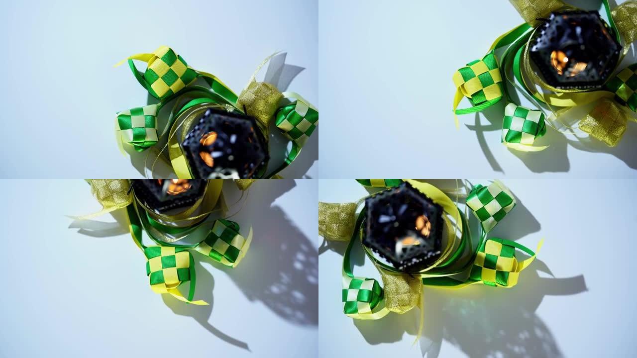 转盘上的俯视图色带ketupat和阿拉伯灯笼转向360度适合垂直和水平使用