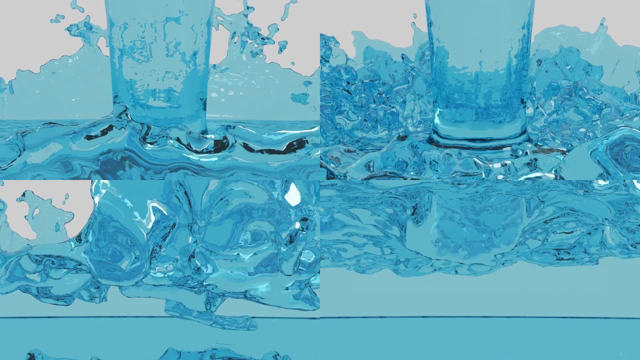 3d高清动画的抽象流动的透明的蓝色水液体，填充的水库，波浪和飞溅