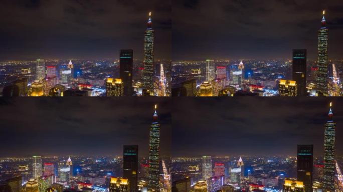 夜间照明台北城市景观著名塔空中全景4k延时台湾