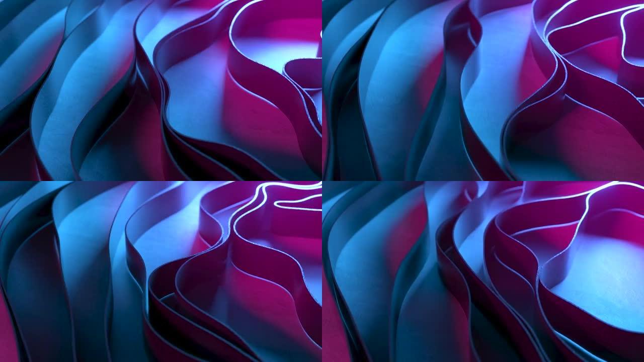 抽象条纹相互作用的动态动画。圆波。蓝紫色霓虹灯。3d动画