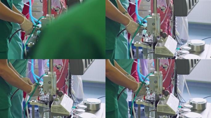 外科医生在手术室用心脏泵