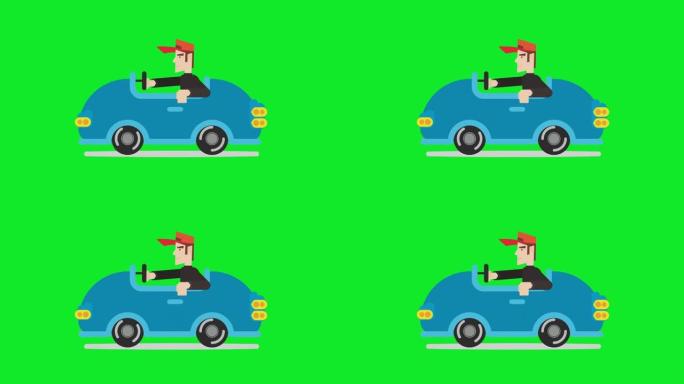 一个卡通男子驾驶汽车的动画，绿屏背景。