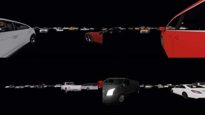 3D汽车交通繁忙，车道间摄像机4k，阿尔法通道