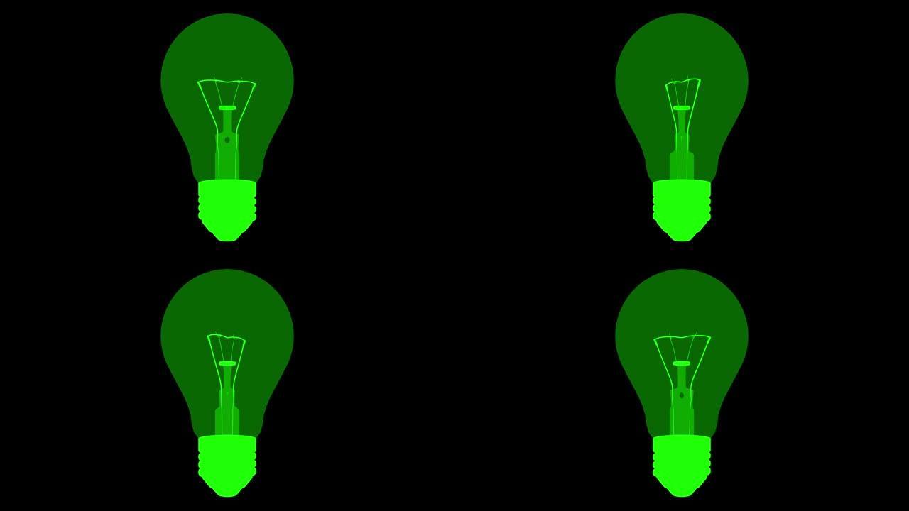 灯泡图标创意，黑色背景上的现代灯泡线条图标动画，不易燃灯泡，有很好的创意-绿色