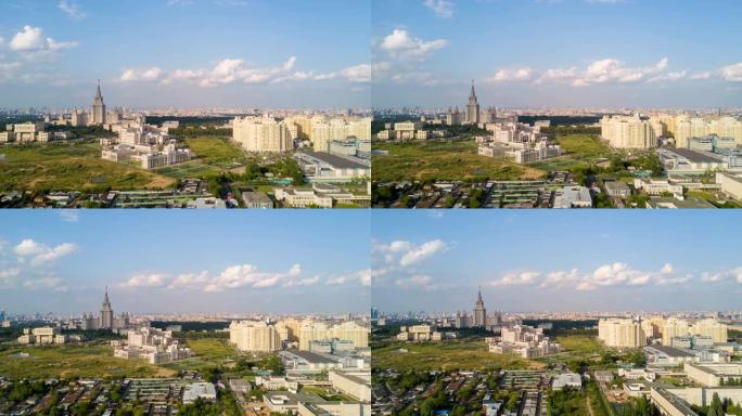 阳光明媚的莫斯科城市景观生活街区罗蒙诺索夫大学空中全景4k延时俄罗斯