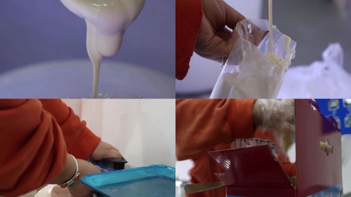 牧民把酸奶装袋子打包装箱包装