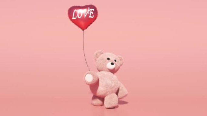 带有红色心形气球的泰迪熊。在粉红色的屏幕上。玩具熊行走无缝循环。情人节，生日动画。阿尔法通道。