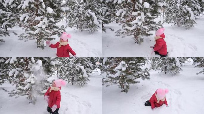 冬天的孩子在公园里玩耍，在雪地里跳跃和打滚，从树枝上甩掉积雪，在户外进行冬季活动游戏