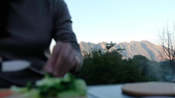 模糊的女人用刀在木板上切蔬菜，背景是山景