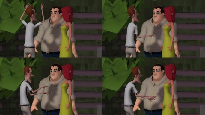 3d卡通动画，城市街道上的一幕，男女之间的对话