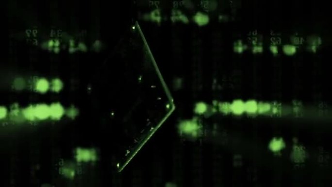 PCB在失重状态下旋转。数字数据流流。飞行的幻觉。闪烁服务器硬件上的发光二极管。IT概念。