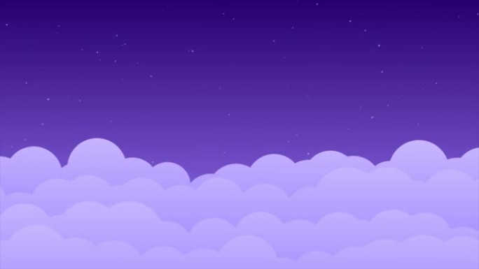 夜晚星空背景上美丽蓬松云的2d循环动画。渐变阴天景观剪纸风格。横幅、演示、广告的抽象现代背景