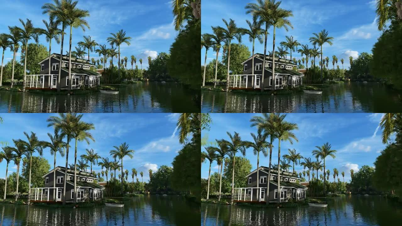 美丽的房子靠近水被棕榈树包围