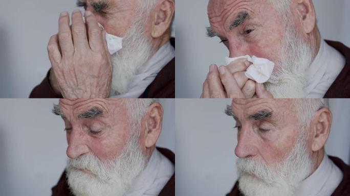 特写脸老人流鼻涕，打喷嚏成餐巾纸，季节性过敏