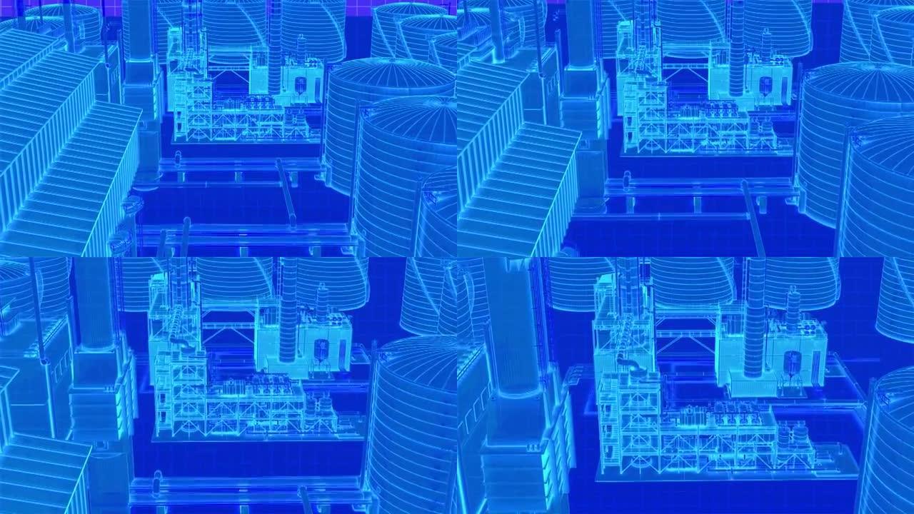 炼油厂大楼上的高摄像机视图变焦到蓝色数字未来光辉光线框，3D渲染镜头。