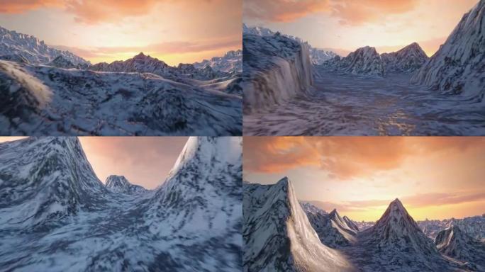 日落时冰封山脉的山峰和山谷的鸟瞰图