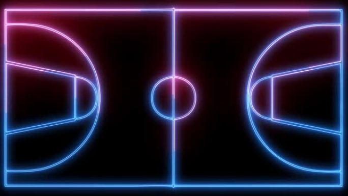 霓虹灯，闪亮的篮球场轮廓。运动概念，篮球比赛区域，霓虹灯镶木地板。