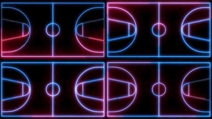 霓虹灯，闪亮的篮球场轮廓。运动概念，篮球比赛区域，霓虹灯镶木地板。