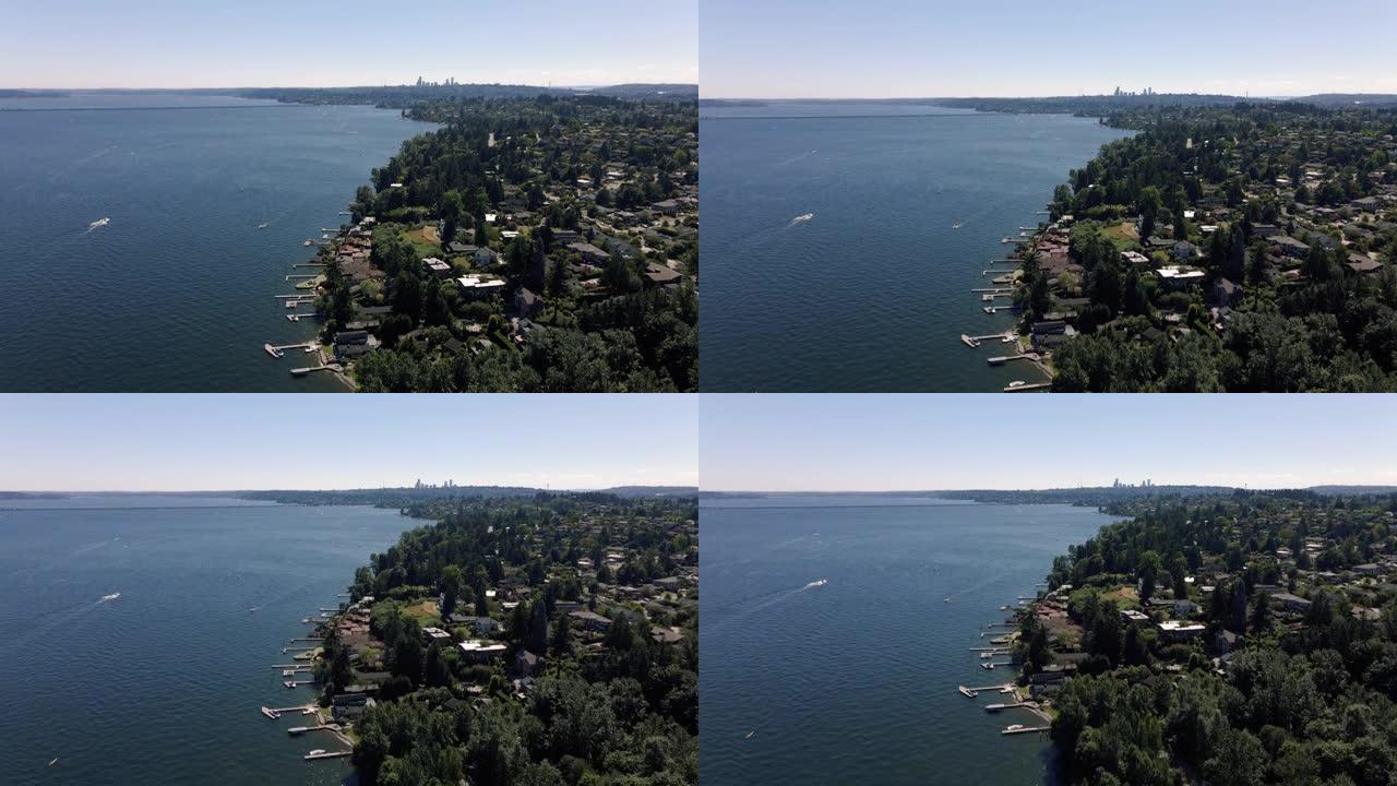 从华盛顿西雅图的华盛顿湖畔俯瞰房屋的鸟瞰图