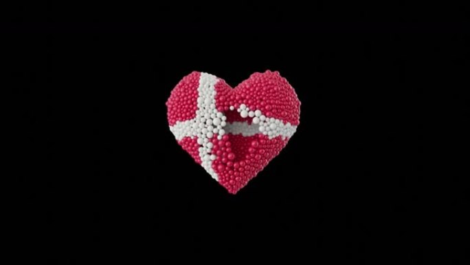 丹麦的国庆节。6月5日。心动画与阿尔法磨砂。用闪亮的心形球体做成的动画。