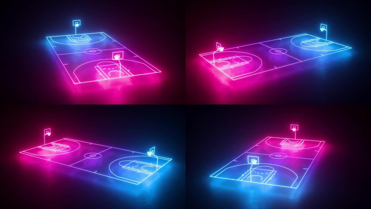 霓虹灯篮球场旋转，旋转虚拟3d游乐场方案透视循环动画，连续动画序列