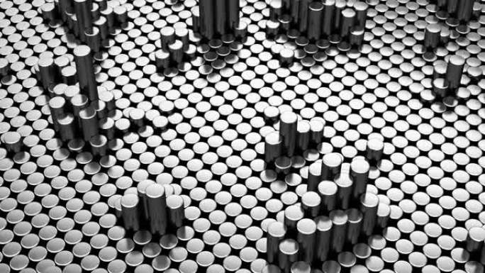 带圆柱体的抽象灰色金属铬背景。陶瓷圆形瓷砖。几何图案。随机细胞。多边形光泽表面。未来主义抽象。4K无
