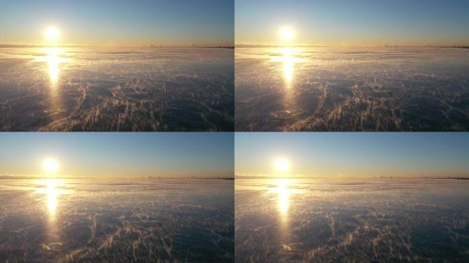 日出时的极地涡旋期间的密歇根湖和海烟