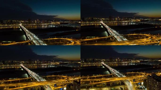 日落之夜照明台北市河桥空中全景4k延时台湾