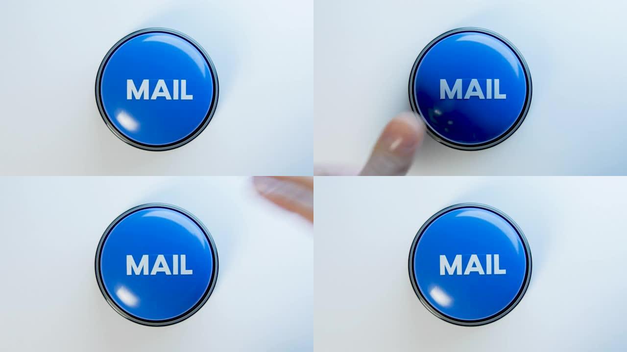 女人按下邮件按钮，特写。按打开一封新邮件。传出消息签名，发送或接收信件。检查收件箱。人和技术概念。垃