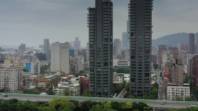 阴天台北市交通街现代公寓楼空中全景4k台湾