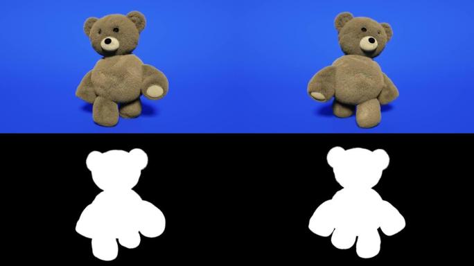 蓝色屏幕上的动画泰迪熊。玩具熊行走无缝循环。阿尔法通道