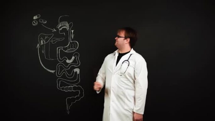 站在黑板上的医生正在解释如果您有便秘服用泻药的必要性