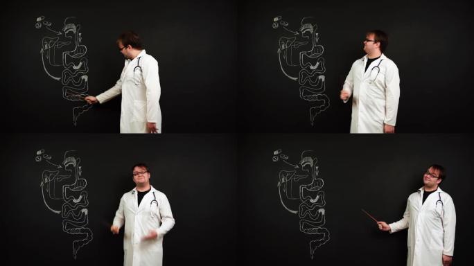 站在黑板上的医生正在解释如果您有便秘服用泻药的必要性